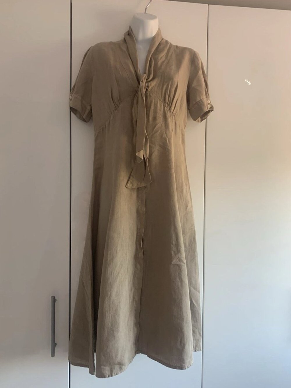 120% Lino Fit Flare Dress Midi Length Brown Beige Linen Lagenlook Boho Dress